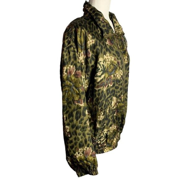 Vintage Silk Leopard Print Bomber Jacket M Green Floral Full Zip Pockets Lined - Picture 5 of 6